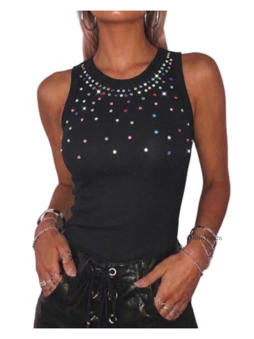 Women's Rhinestone Racerback Tank Top Ribbed Viscose Sparkly Sleeveless